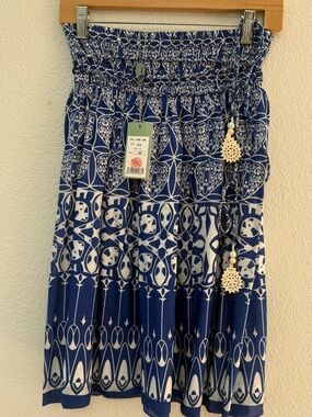 Navy and White Printed Smocked Midi Skirt with Tassel Accents